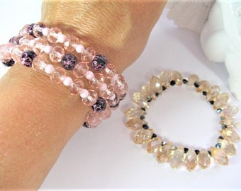 Stacking Bracelets Set of 2 Beaded Bracelets, 2 Crystal Bracelets, Pink Crystal Bracelets, Adjustable Bracelets for Women