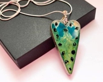 Green Blue Heart Pendant Necklace, Heart Statement Pendant Necklace