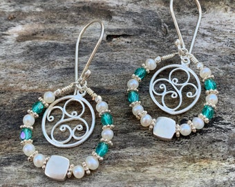 Handmade Pearl, Swarovski Crystal, & Sterling Silver Hoop Earrings