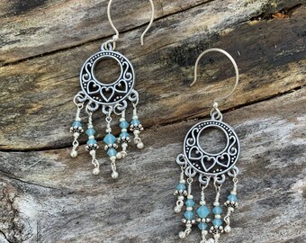 Handmade Sterling and Light Blue Swarovski Crystal Chandelier Earrings