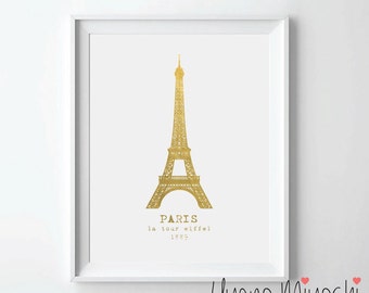 Paris Eiffel Tower II Gold Foil Print, Gold Print, Map Custom Print in Gold, Illustration Art Print, La Tour Eiffel 1889 Gold Foil Art Print