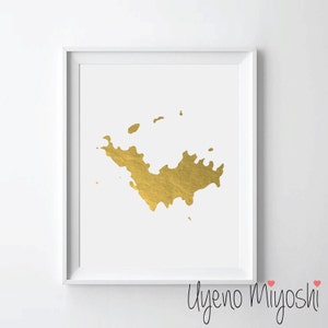 May include: A white framed print with a gold foil abstract design. The artist's name, "Uyeno Miyoshi", is printed in black at the bottom of the print.