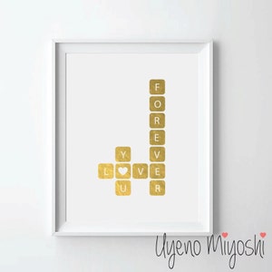 Crossword Puzzle II Style II Gold Foil Print, Gold Print, I Love You Print in Gold, Gold Art Print, Scramble Words Game Gold Foil Art Print
