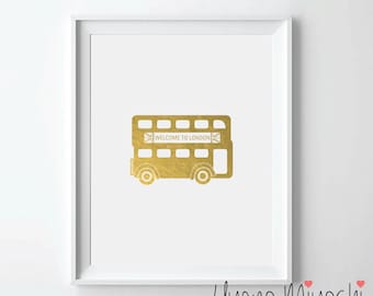 London Bus Gold Foil Print, Gold Print, Great Britain Custom Print in Gold, Illustration Art Print, Double Deck Bus Gold Foil Art Print