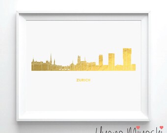 Zurich Skyline Gold Foil Print, Gold Print, Map Custom Print in Gold, Illustration Art Print, Zurich Switzerland Skyline Gold Foil Art Print