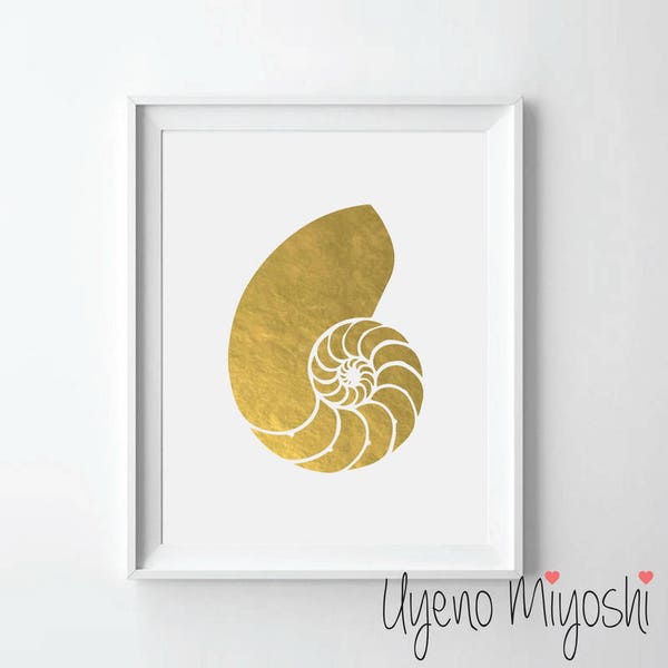 Nautilus Shell oro lámina impresión, shell oro impresión, Nautilus Shell impresión en oro, oro arte impresión, Nautilus Shell oro lámina arte impresión