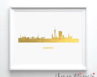 Hamburg Skyline Goldfolie Druck, Gold-Druck, Karte benutzerdefinierte Druck in Gold, Kunstdruck Illustration, Hamburg Deutschland Skyline Gold Folie Kunstdruck