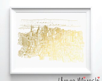 San Francisco City Sketch IV Gold Foil Print, Gold Print, San Francisco Sketch Gold Foil Art Print, Cable Car Gold Foil Art Print