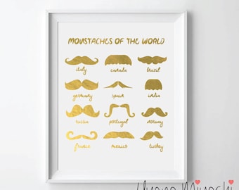 Mustache II Gold Foil Print, Mustache Gold Print, Mustaches of the World Print in Gold, Mustache Art Print, Mustache Gold Foil Art Print