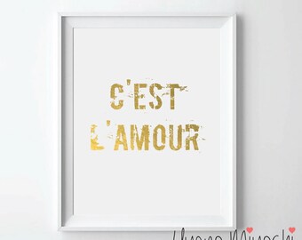 May include: A white framed print with the text "C'EST L'AMOUR" in gold foil lettering. The text has a distressed, vintage look.