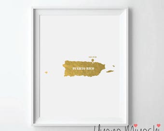 Puerto Rico Map Gold Foil Print, Gold Print, Puerto Rico Map Print in Gold, Art Print, Puerto Rico Map Gold Print, Puerto Rico Map Print