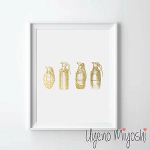 Grenade Gold Foil Print, Gold Print, Grenade Print in Gold, Grenade Art Print, Grenade Gold Print, Grenade Print, American Grenade Print