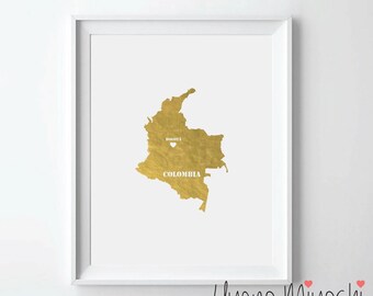 Colombia Map Gold Foil Print, Gold Print, Map Custom Print in Gold, Illustration Art Print, Map of Colombia Gold Foil Art Print