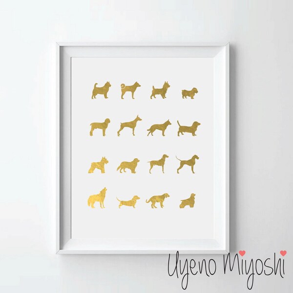 Dog Breeds II Gold Foil Print, Gold Print, Custom Print in Gold, Illustration Art Print, Dogs Gold Foil Art Print