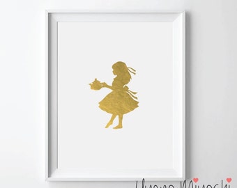 Alice in Wonderland I Gold Foil Print, Gold Print, Custom Print in Gold, Illustration Art Print, Gold Foil Art Print