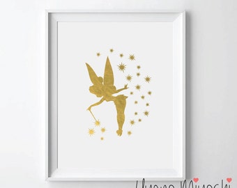 Tinker Bell Gold Foil Print, Gold Print, Cartoon Custom Print in Gold, Illustration Art Print, Peter Pan Tinker Bell Gold Foil Art Print