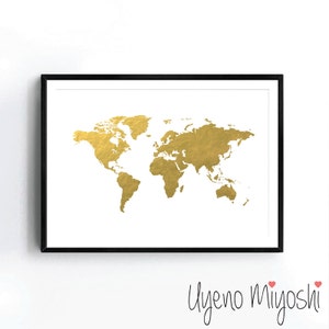 World Map I Gold Foil Print, Gold Print, Map Custom Print in Gold, Illustration Art Print, Map of the World Borderless Gold Foil Art Print image 2