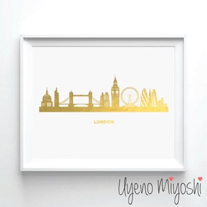 London Skyline V Gold Foil Print, Gold Print, Great Britain Custom Print in Gold, Illustration Art Print, London Eye Gold Foil Art Print