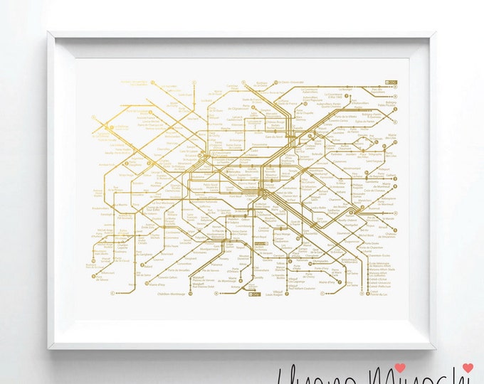 Paris Metro Map I Gold Foil Print, Gold Foil Print, Paris Underground ...