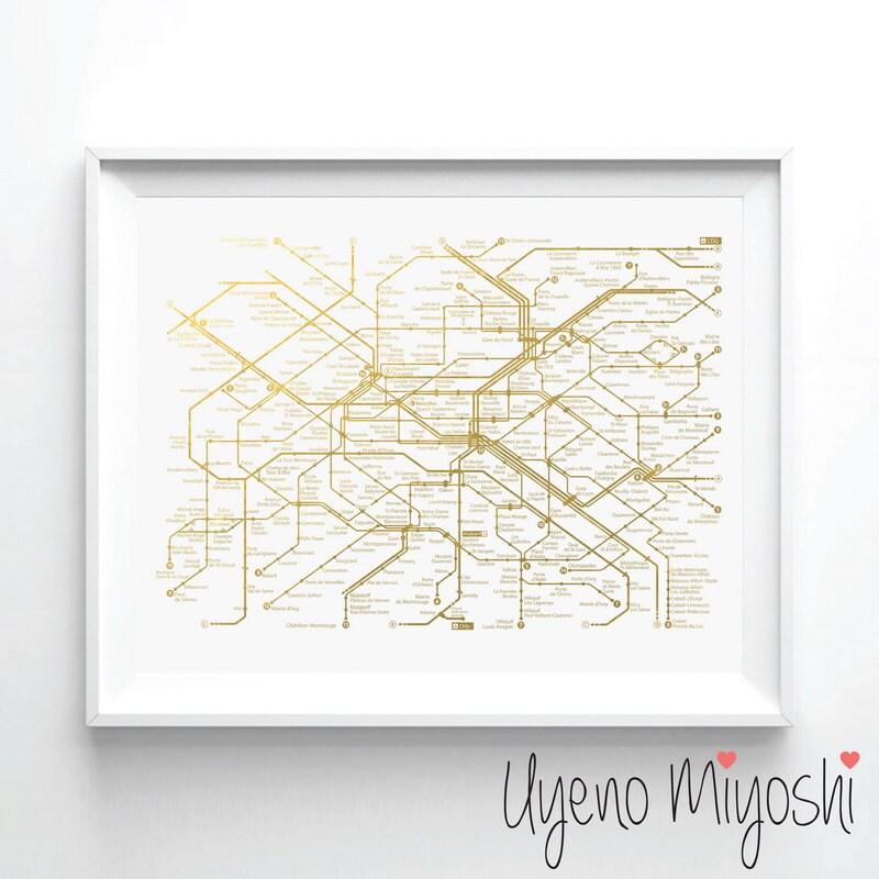 Paris Metro Map I Gold Foil Print Gold Foil Print Paris Etsy