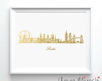 London Skyline Sketch Gold Foil Print, Gold Print, London Skyline Hand Sketch Gold Print, London City Skyline Hand Sketch Gold Foil Print