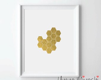 Honeycomb I Gold Foil Print, Gold Print, Custom Print in Gold, Illustration Art Print, Bee and Honeycomb Gold Foil Art Print