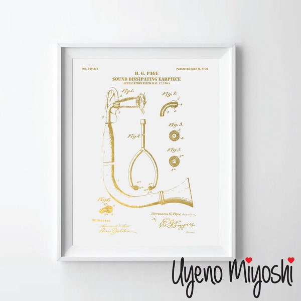 Hearing Aid Patent Gold Foil Print, Ear Trumpet Poster, Audiology Patent, Ear Doctor Gift, Audiologist Art, Audiology Gold Foil Print