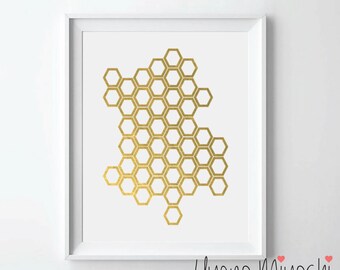 Honeycomb II Gold Foil Print, Gold Print, Custom Print in Gold, Illustration Art Print, Bee and Honeycomb Gold Foil Art Print