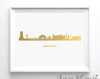 Bratislava Skyline Gold Foil Print, Gold Print, Custom Skyline Print in Gold, Art Print, Bratislava Slovakia Skyline Gold Foil Print
