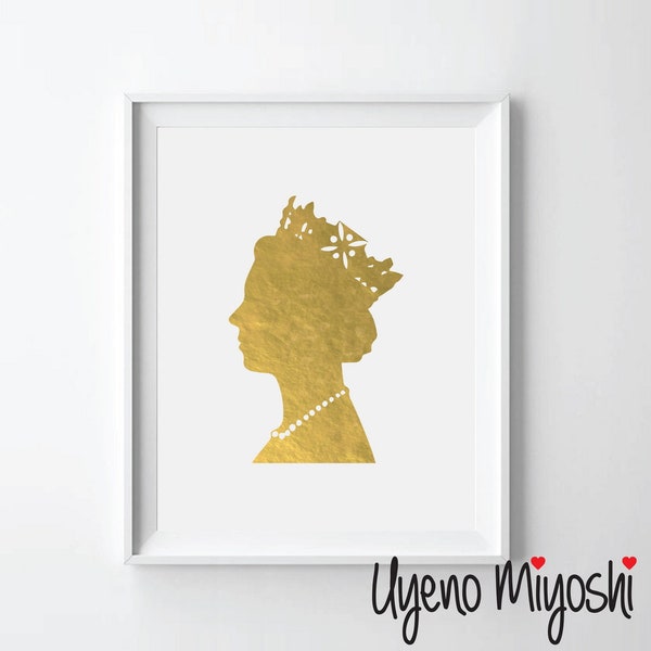 Queen Silhouette Gold Foil Print, Gold Print, Custom Print in Gold, Illustration Art Print, Queen Elizabeth Gold Foil Art Print