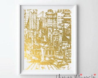 San Francisco City Sketch II Gold Foil Print, Gold Print, San Francisco Sketch Gold Foil Art Print, Cable Car Gold Foil Art Print