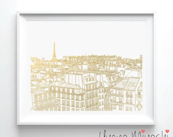 Paris City Hand Sketch I Gold Foil Print, Gold Foil Print, Paris Street Gold Print, Paris City Sketch Art Print, Paris Gold Foil Art Print