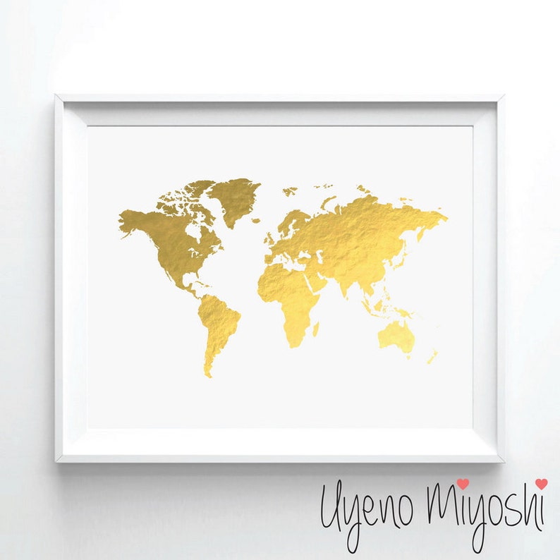 World Map I Gold Foil Print, Gold Print, Map Custom Print in Gold, Illustration Art Print, Map of the World Borderless Gold Foil Art Print image 1