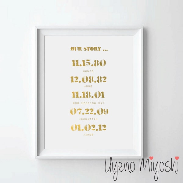 Our Family Gold Foil Print, Gold Print, Family Custom Quote Print in Gold, Illustration Art Print, Custom Family Story Gold Foil Art Print