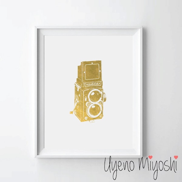 Rolleiflex Camera II Gold Foil Print, Gold Print, Custom Print in Gold, Illustration Art Print, Twin Lens Reflex Camera Gold Foil Art Print