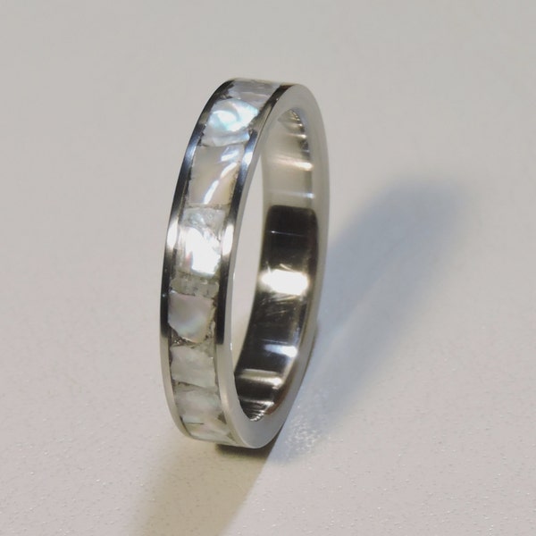 Titanium and Mother of Pearl wedding band, Womens Dainty Titanium Ring, Mother of Pearl inlay,