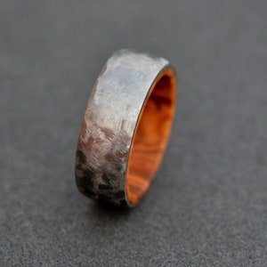 Titanium Ring and Olive wood Ring Hammered  and Brushed Ring