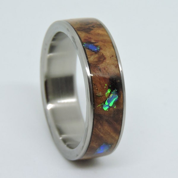 Olive Burl Wood , Titanium ring, Blue Ocean Lab Opal inlay,
