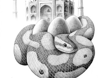 TAJ MAHAL Original Graphite Drawing on Paper, Pop Surrealism, India, Taj Mahal, Snake, Camouflage