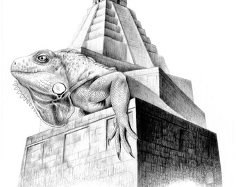 MEXICO Original Graphite Drawing on Paper, Pop Surrealism, Iguana, Pyramid, Camouflage