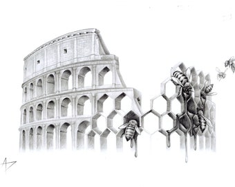 COLOSSEUM Original Graphite Drawing on Paper, Pop Surrealism, Italy, Bees, Colosseum, Camouflage
