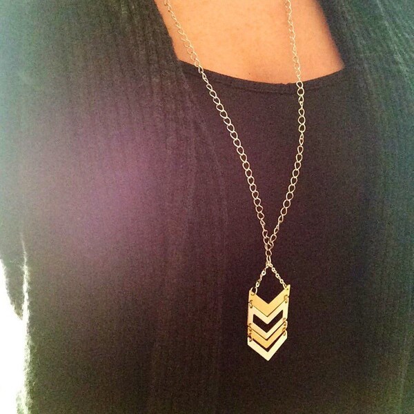 Long Chevron Pendant Necklace, Gold Silver Necklace, Pendant Necklace, Handmade Chevron Necklace, Modern Necklace, Fashion Necklace, Gift