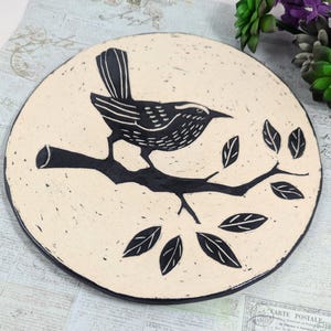 Sale Now 60% Off, Carolina wren black and white ceramic dish, pottery bird, sgraffito bird pottery bowl, bird lover, pottery anniversary