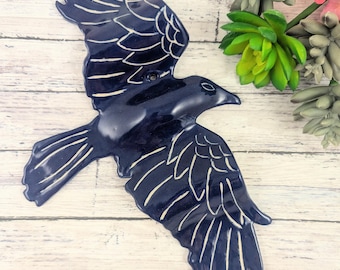 Raven or crow ceramic wall sculpture, blue and white sgraffito bird sculpture, flying bird, bird lover, bird pottery, pottery anniversary