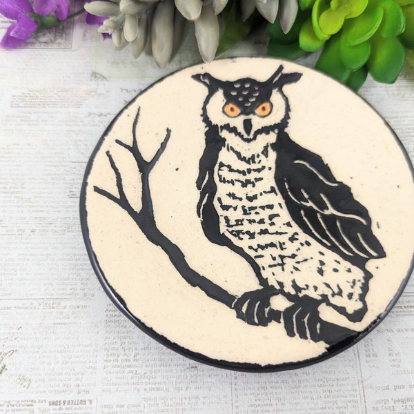 Owl sgraffito ceramic bowl, horned owl dish, ceramic owl plate, sgraffito bird plate, small owl pottery,  bird lover, pottery anniversary