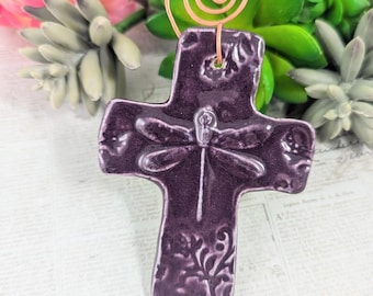 Purple dragonfly ceramic wall cross with flaw in glaze,  Christmas ornament, nursery cross, baptism , faith gift, christening , Easter