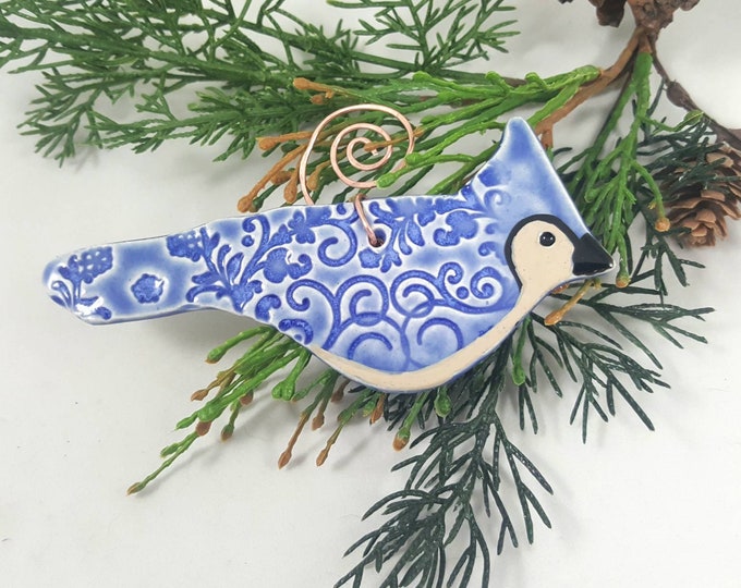 Blue Jay bird ornament, ceramic bird ornament, bird Christmas tree ornament, blue bird , gift bird lover, pottery anniversary, valentine