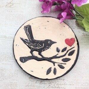 Cute wren in the Valentine tree, bird ceramic dish, pottery bird, jewelry dish, sgraffito bird, bird lover, pottery anniversary, Valentine