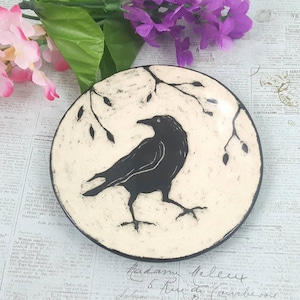 Raven or crow bird sgraffito ceramic plate, crow dish,  raven pottery, raven or crow plate, bird pottery, bird lover gift, anniversary gift