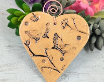 Sale, now 50% off, glaze flaw, see photos, butterfly ceramic heart ornament,  butterfly ornament, butterfly pottery, pottery anniversary